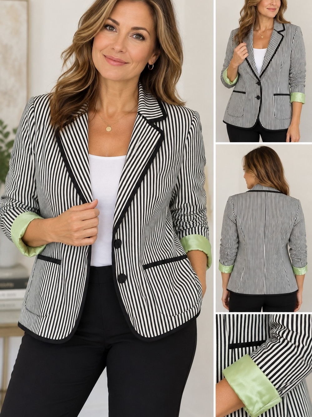 Marisa Christina Women’s Blazer Size 12 Black White Striped Green Lining